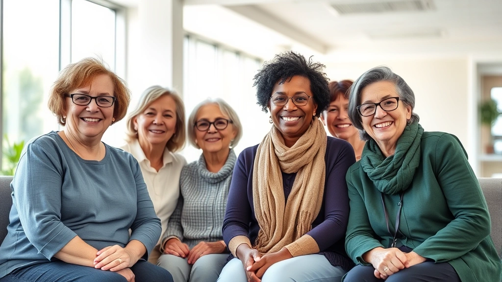 Diverse cancer survivors in a bright, modern medical facility waiting room, smiling warmly with hope and confidence, natural sunlight streaming through large windows, contemporary wellness center aesthetic