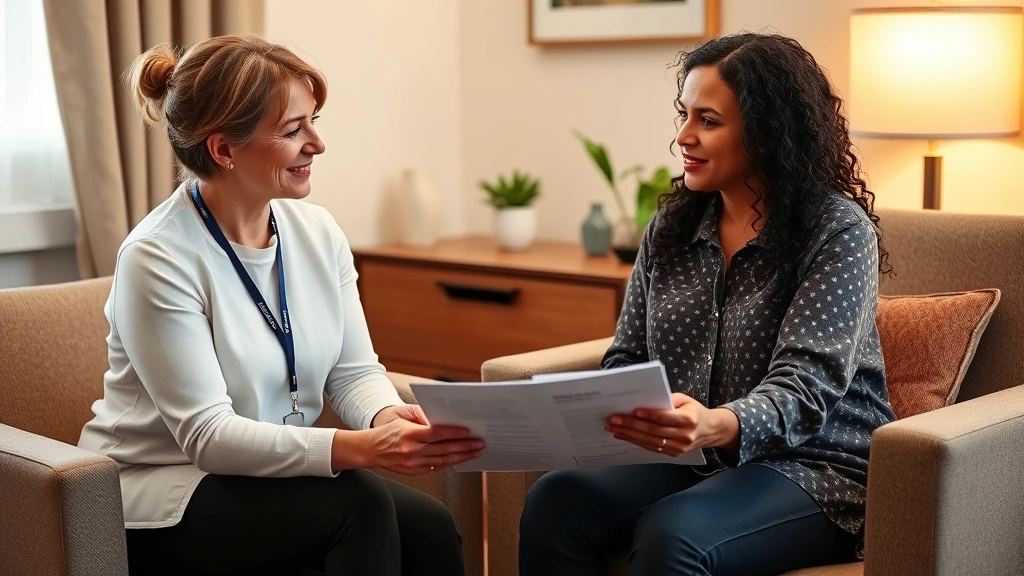 Patient navigator and newly diagnosed woman sitting in comfortable consultation room with warm lighting, reviewing treatment plans together, compassionate interaction showing emotional support and guidance