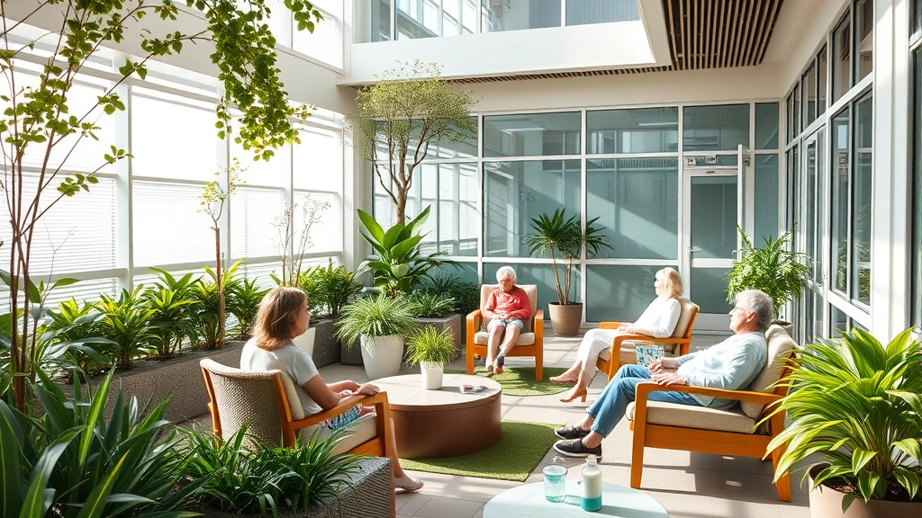 Peaceful wellness garden at hospital facility with comfortable seating, natural lighting, plants, and patients relaxing during cancer treatment recovery