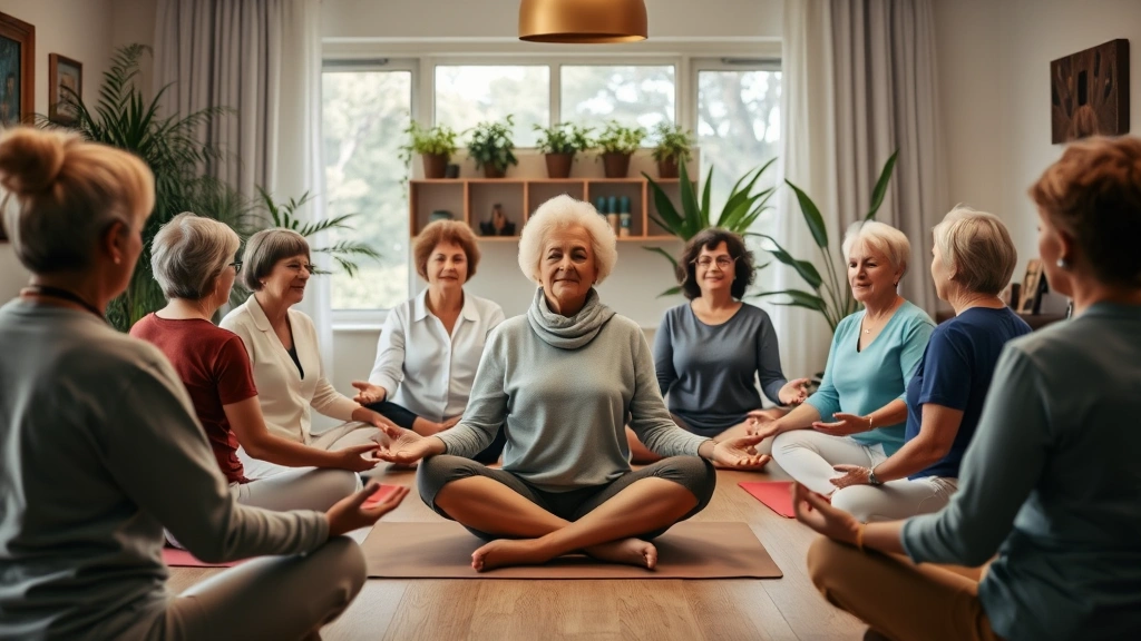 Support group circle of cancer survivors in meditation pose in serene wellness space with soft lighting, plants, and calming interior design, diverse ages and backgrounds showing community healing