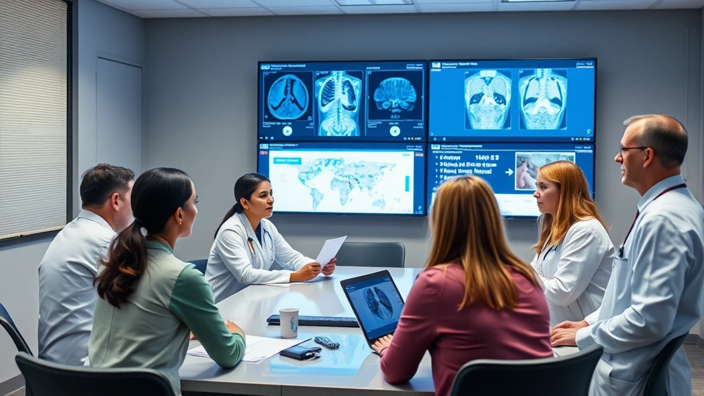 Multidisciplinary oncology team in collaborative meeting discussing patient care plans with digital displays showing medical imaging and treatment options