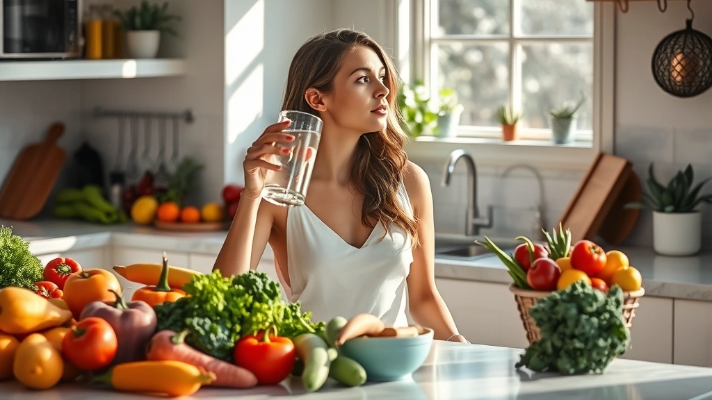 Woman in bright kitchen drinking fresh water from glass, surrounded by colorful fresh vegetables and fruits on marble countertop, natural morning light, peaceful wellness atmosphere, healthy lifestyle setting