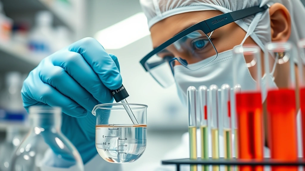 Close-up of laboratory technician examining liquid samples in scientific beakers and test tubes, professional medical facility environment, precise analytical work, national health laboratory testing procedures