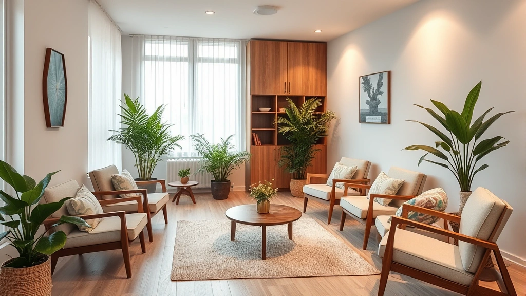 Serene therapy room with warm lighting, comfortable seating, indoor plants, soft textures, natural wood elements, peaceful and welcoming atmosphere for mental health recovery