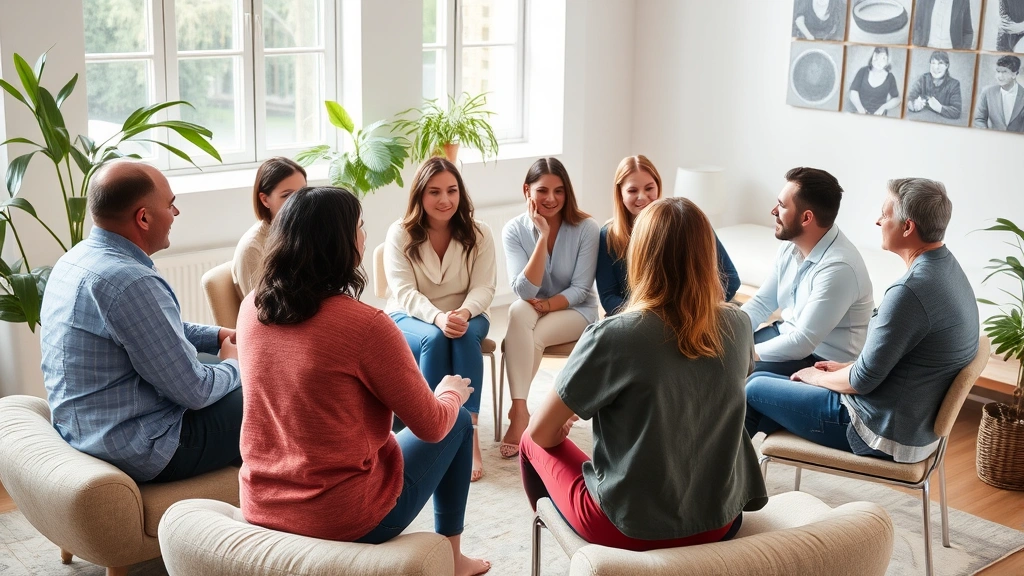 Group therapy session circle with diverse participants engaged in conversation, supportive body language, comfortable setting, natural light, genuine connection and healing environment