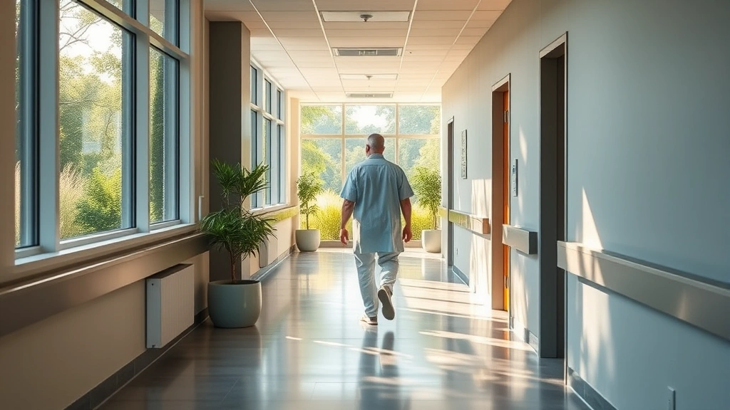 Patient walking through peaceful facility hallway with nature views, modern design elements, calming colors, natural light streaming through windows, sense of hope and progress
