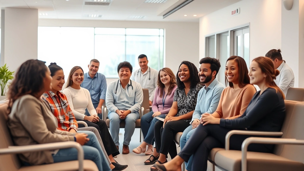Diverse patients in modern clinic waiting room with warm lighting, comfortable seating, diverse staff greeting visitors with genuine smiles, welcoming healthcare environment