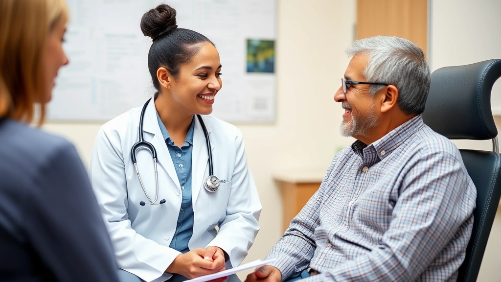 Female doctor of color having attentive conversation with mature male patient in examination room, both smiling, medical charts visible, trusting therapeutic relationship