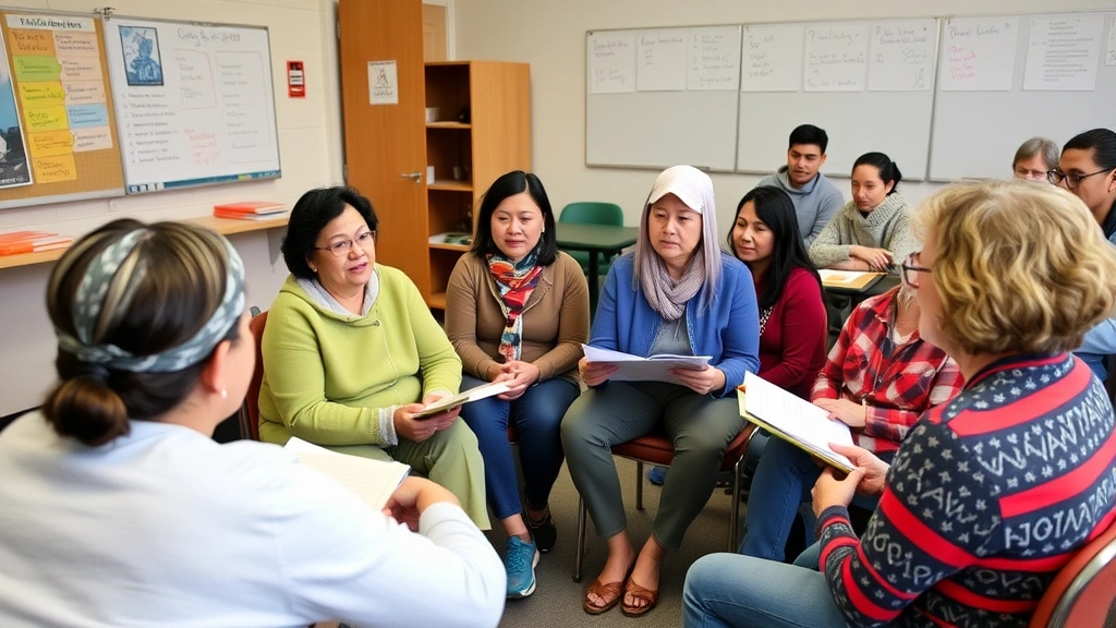 Multi-generational family in health education classroom setting, instructor leading wellness discussion, participants engaged and taking notes, supportive community atmosphere