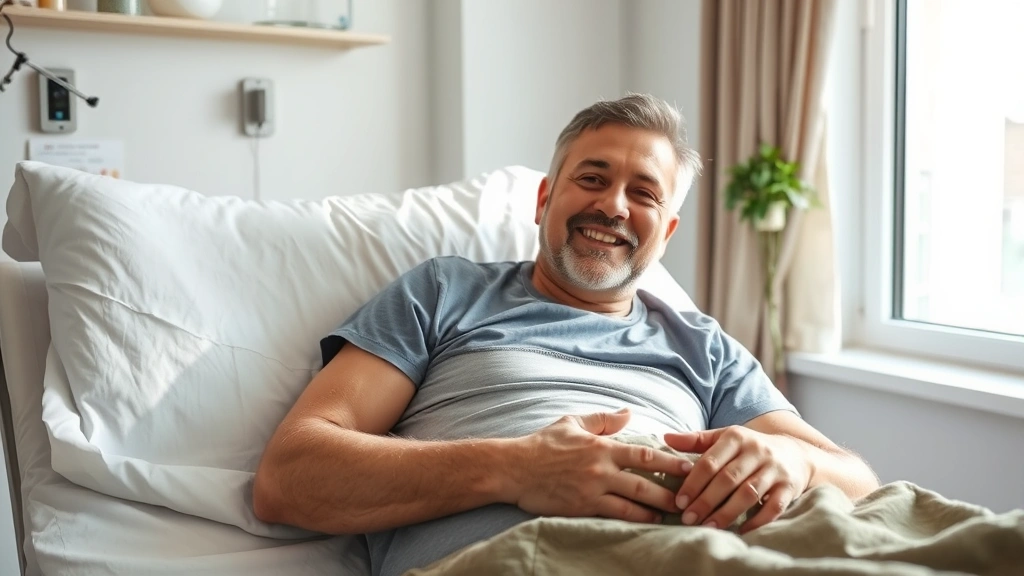 Patient recovering at home with proper wound care dressing visible, comfortable relaxed expression, natural daylight streaming through window, modern bedroom setting
