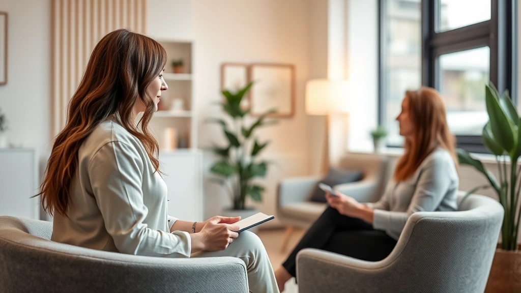 Professional female therapist sitting in modern clinical office with warm lighting, taking notes during client session, comfortable seating arrangement, contemporary wellness setting
