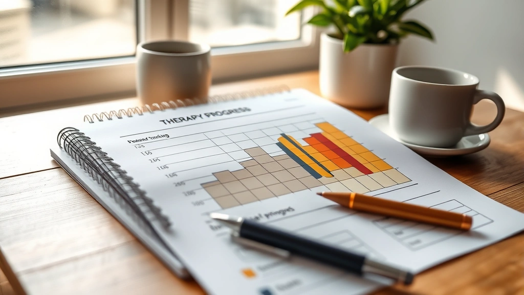 Close-up of therapy progress chart and behavioral tracking notebook on wooden desk with pen, coffee cup, plant, natural daylight streaming through window showing real progress metrics