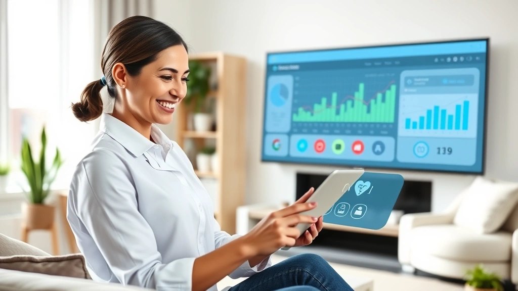Professional woman smiling while using tablet in modern living room, viewing digital health dashboard with charts and medical icons, natural daylight, contemporary home office setting, wellness atmosphere