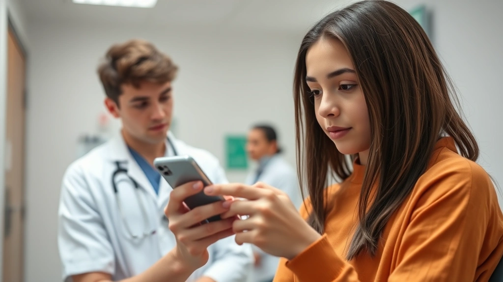 Young patient in clinic examining test results on smartphone, doctor visible in background, clean medical environment, natural lighting, focused expression, healthcare technology moment