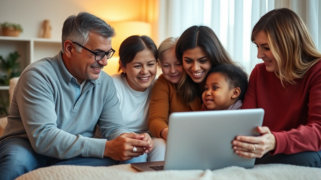 Family members using laptop together reviewing health information, cozy home setting, multiple generations, warm lighting, collaborative healthcare management, diverse family group