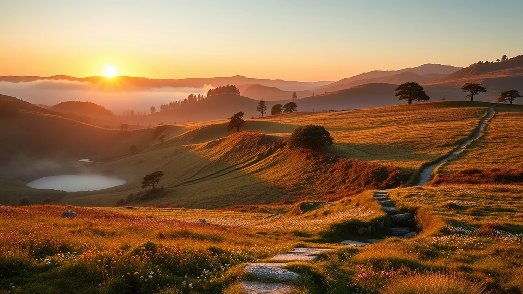 Serene moorland landscape at golden hour with rolling hills, wildflower meadows, ancient forest trees, misty valleys, natural spring water feature, peaceful hiking trails, wellness sanctuary architectural elements visible in distance