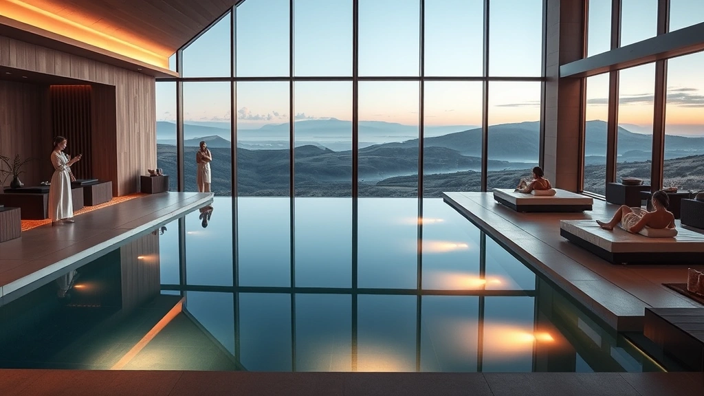 Luxury spa and wellness facility interior with heated infinity pool overlooking moorland vista, modern minimalist design, natural wood accents, soft ambient lighting, professional therapists providing treatments, guests in relaxation areas with panoramic windows