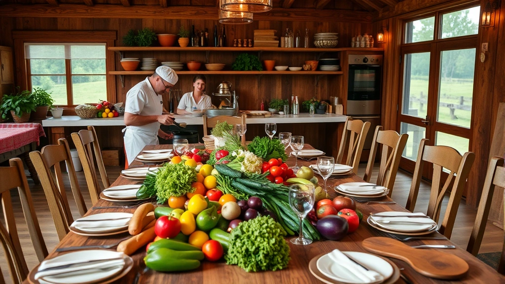 Farm-to-table dining experience with Michelin-trained chef preparing fresh seasonal ingredients from on-site gardens, guests learning cooking techniques in teaching kitchen, colorful organic produce display, rustic elegant table settings with moorland views
