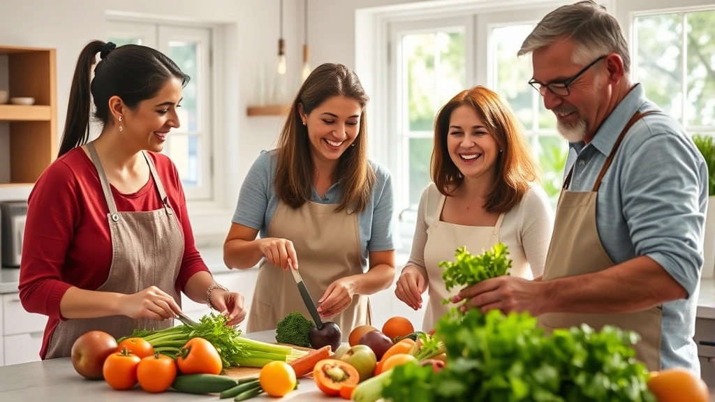 Multigenerational family preparing fresh vegetables together in bright modern kitchen, smiling, natural sunlight streaming through windows, whole ingredients on counter