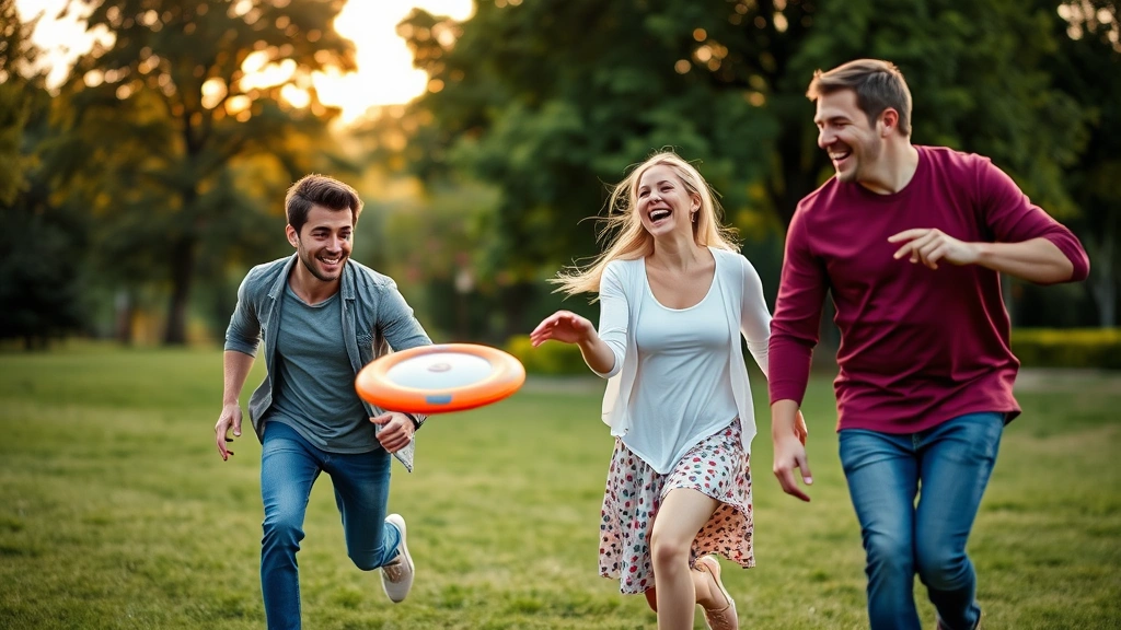 Family of four playing outdoor frisbee in lush green park, laughing, active movement, diverse ages, golden hour lighting, trees in background