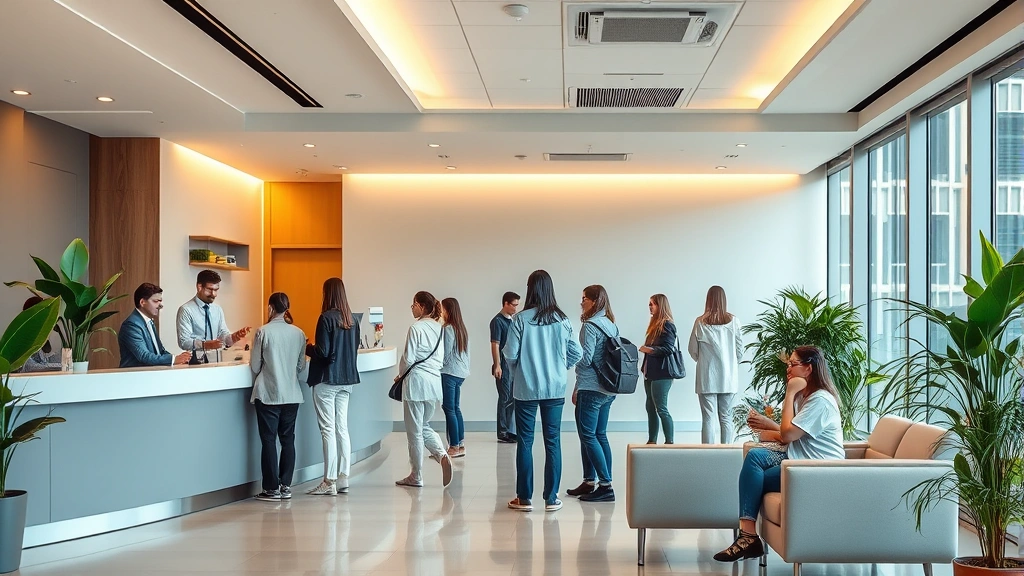 Modern healthcare clinic reception area with warm lighting, diverse patients checking in, professional staff at desk, contemporary interior design with plants and comfortable seating, welcoming atmosphere