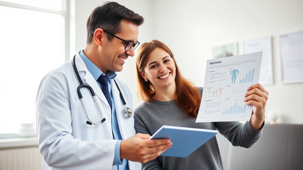 Female patient in consultation with male doctor reviewing health chart, bright medical office, doctor pointing at wellness information, both smiling, trust and communication evident, modern stethoscope visible