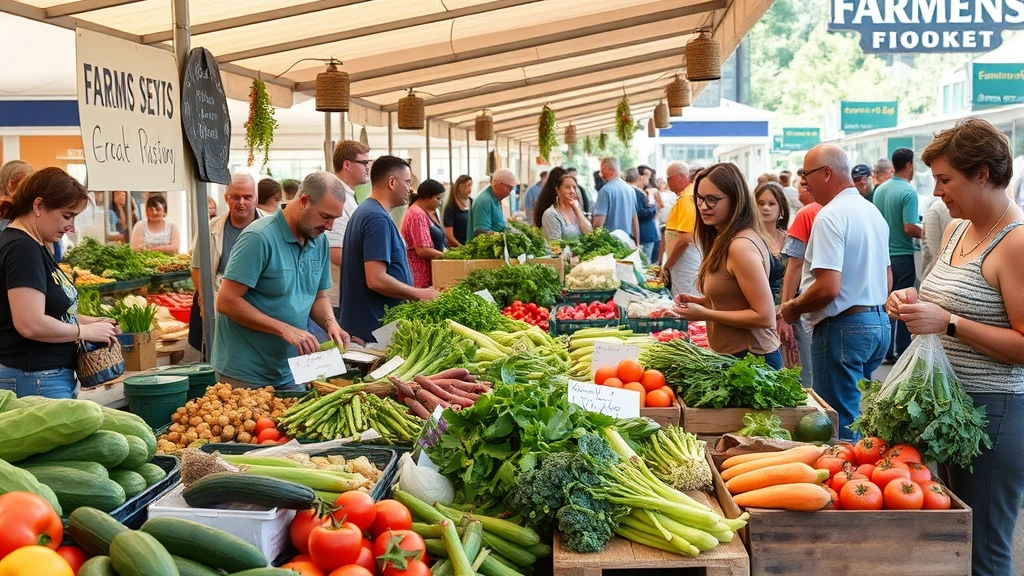 Community farmers market scene with fresh vegetables, local produce stands, diverse shoppers selecting healthy foods, vibrant colors, natural daylight, supportive community gathering
