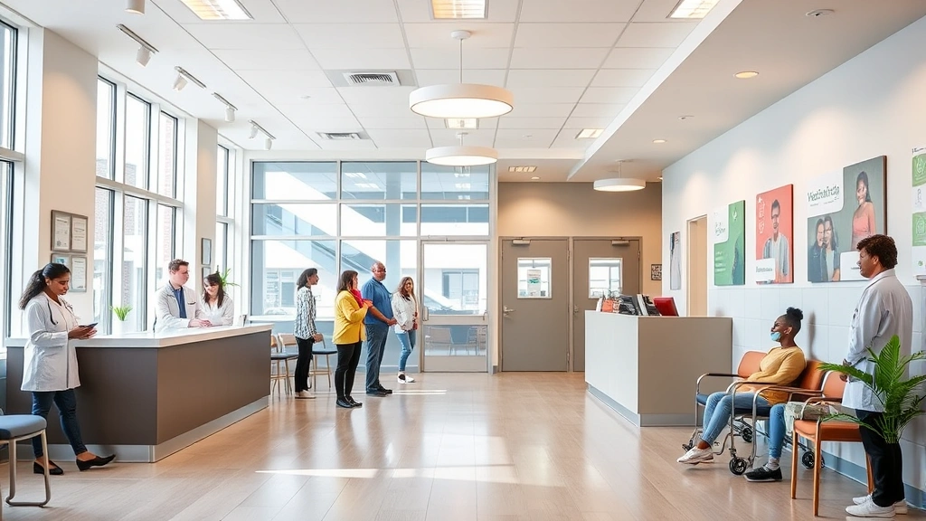 Modern community health center interior with welcoming reception area, diverse healthcare professionals, wellness posters, bright natural light, accessible and inclusive environment