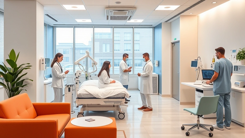 Modern medical clinic interior with diverse healthcare professionals collaborating in a bright, welcoming patient care area with contemporary furnishings and medical equipment