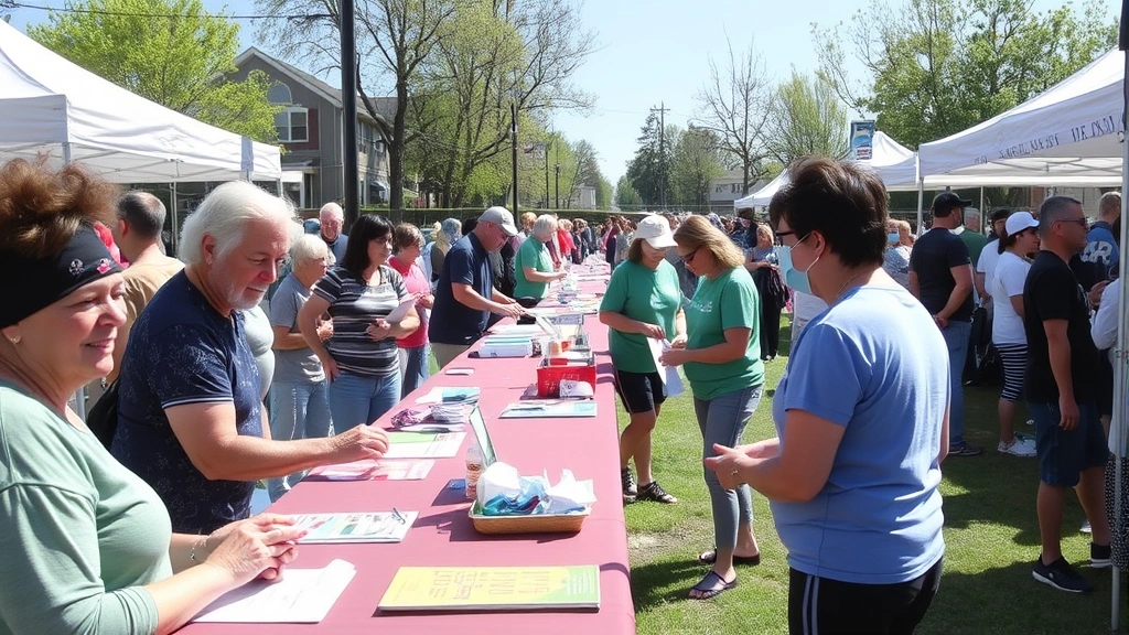 Community health fair outdoors with residents of various ages participating in wellness screenings, fitness demonstrations, and health education booths on a sunny day