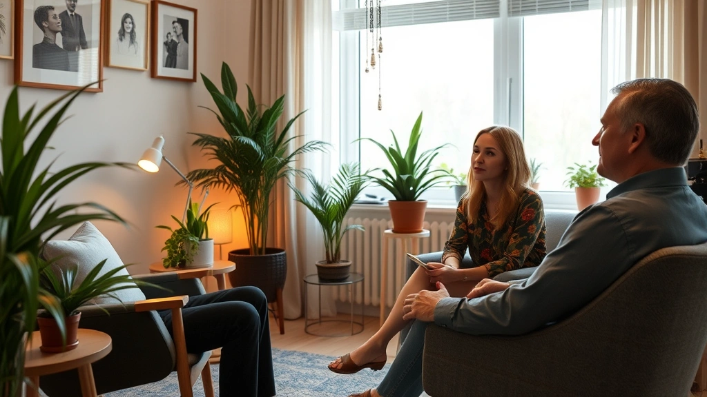 Mental health counseling session showing therapist and patient in a comfortable, private office with warm lighting, plants, and professional therapeutic environment