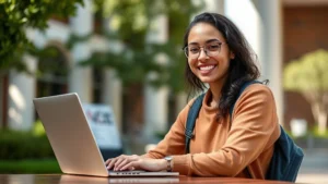 Young college student smiling while using laptop to access health portal, natural lighting, warm campus environment, professional yet relaxed atmosphere