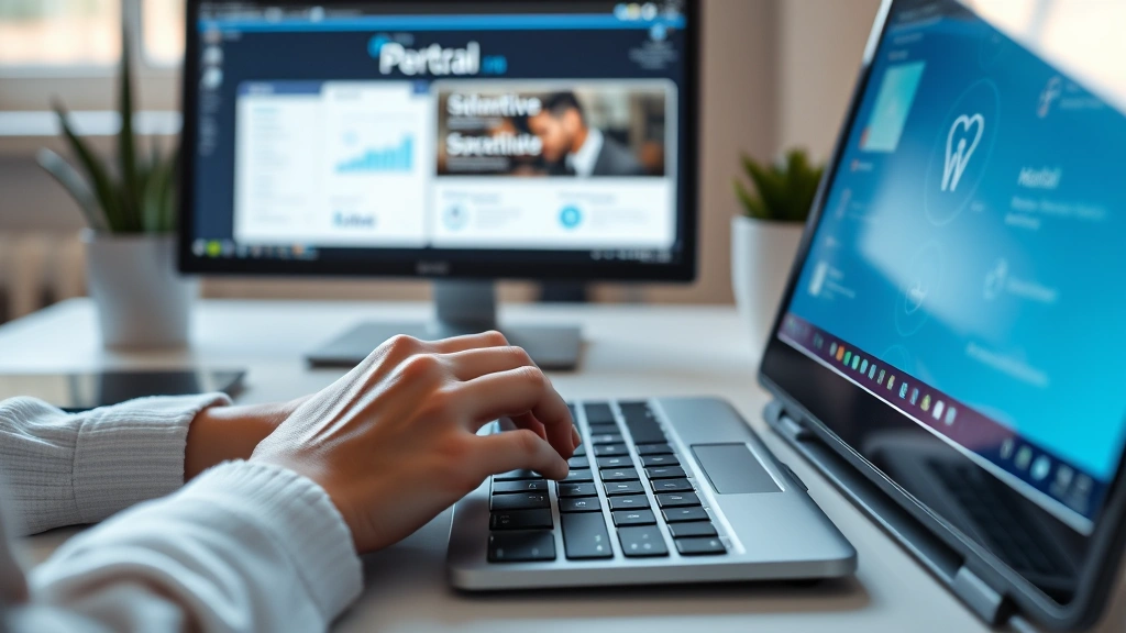 Close-up of hands typing on keyboard with health portal interface visible on screen, organized desktop workspace, modern minimalist aesthetic, soft natural light