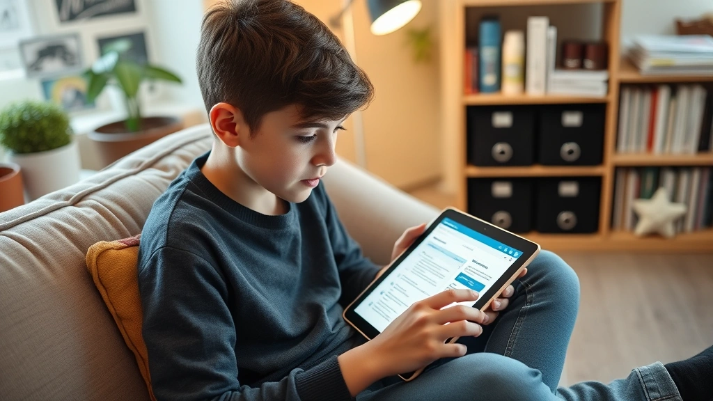 Student reviewing health records on tablet device in comfortable study space, organized wellness environment with wellness items visible, focused and empowered expression