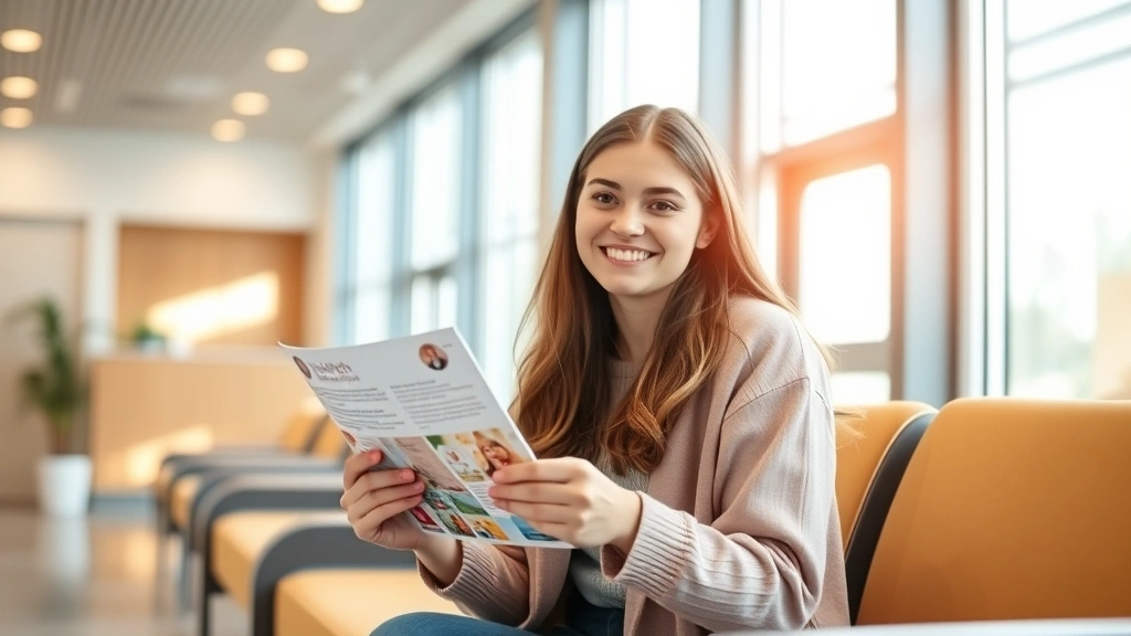 Young college student sitting in bright, modern health clinic waiting room, smiling while holding health information pamphlet, warm natural lighting, welcoming atmosphere