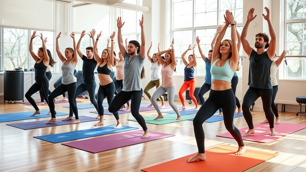 Diverse group of students exercising together in campus fitness studio, practicing yoga on mats, natural daylight from windows, energetic and supportive environment