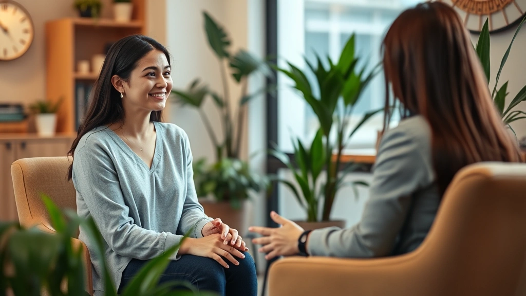 Female student in counseling session with mental health professional, sitting comfortably in welcoming office space with plants, warm lighting, engaged in conversation