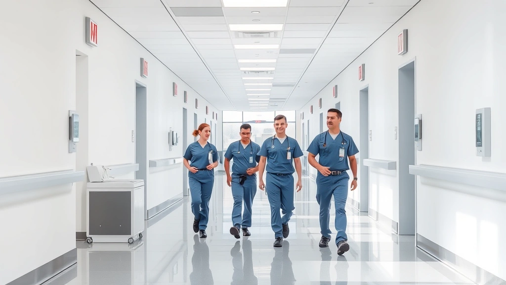 Modern military hospital corridor with clean white walls, professional healthcare staff in uniforms walking purposefully, natural lighting from large windows, modern medical equipment visible in background, welcoming and professional atmosphere