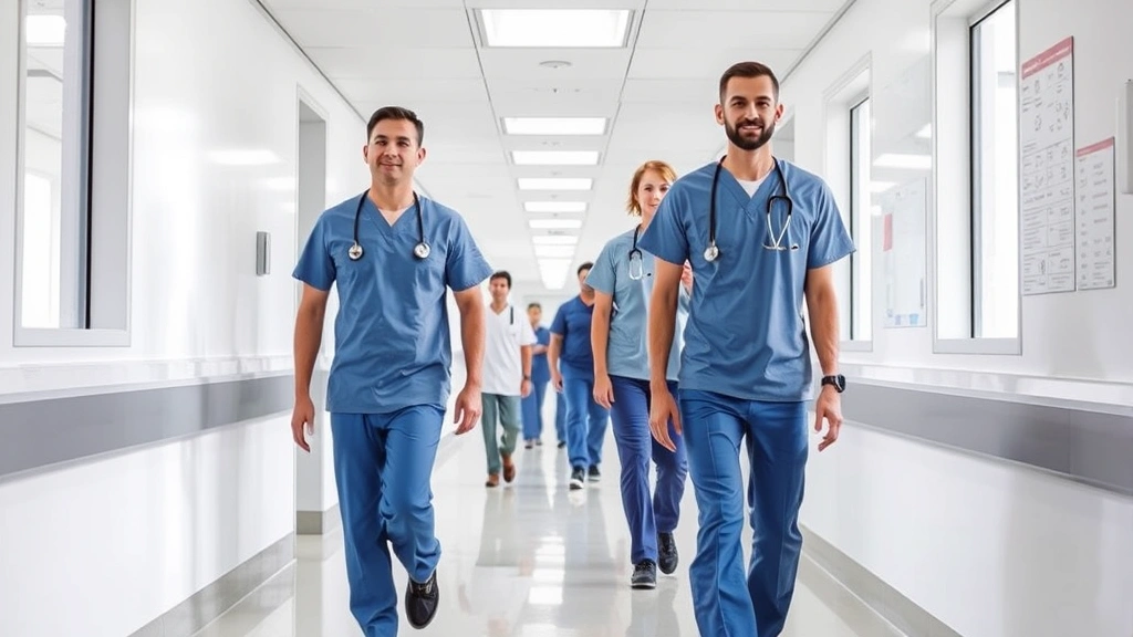 Modern military hospital corridor with clean white walls, healthcare professionals in uniform scrubs walking, natural lighting from large windows, welcoming atmosphere, professional medical environment