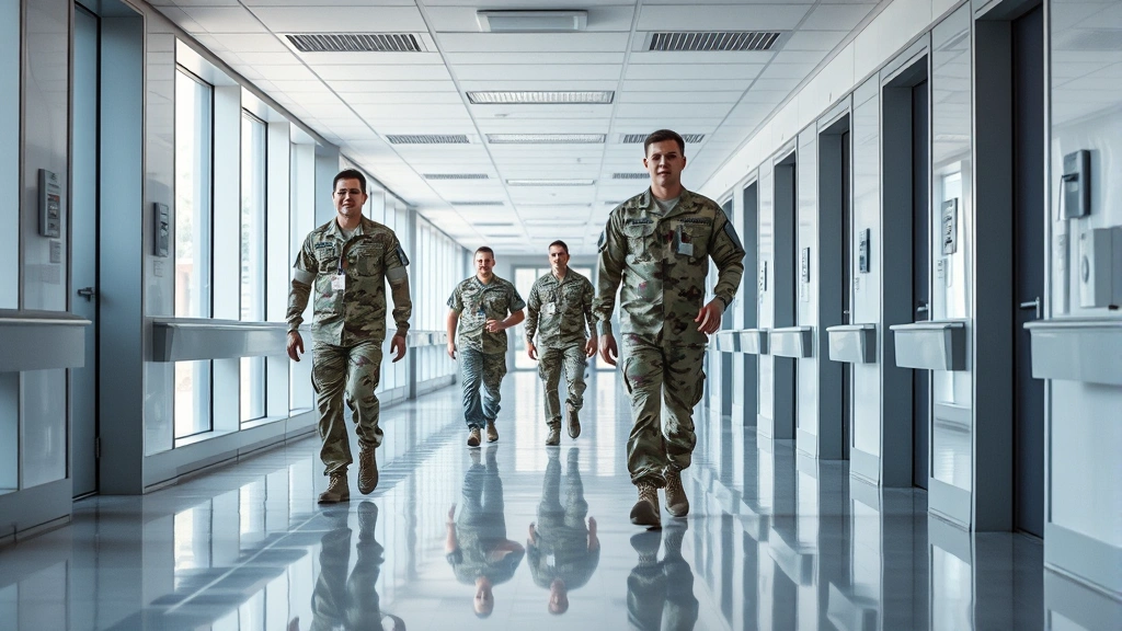 Modern military hospital corridor with polished floors, natural lighting from large windows, medical staff in camouflage uniforms walking purposefully, contemporary healthcare facility design, clean professional atmosphere