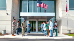 Modern military hospital entrance with professional medical staff greeting patients in camouflage and civilian attire, welcoming atmosphere with contemporary architecture and American flag