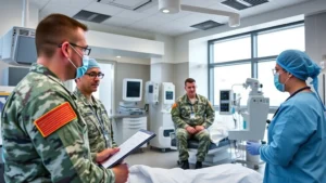 Modern military hospital interior with contemporary medical equipment, service members in uniform receiving care from healthcare providers, bright natural lighting, professional clinical environment, emphasizing wellness and recovery