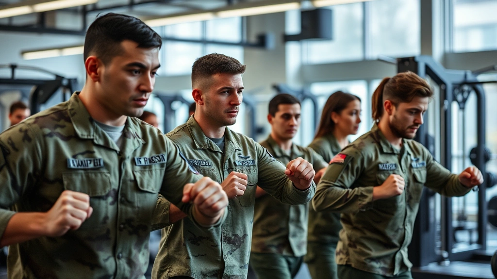 Military service members exercising in modern gym facility with equipment, focused determination on faces, natural lighting, professional fitness environment, diverse personnel training together