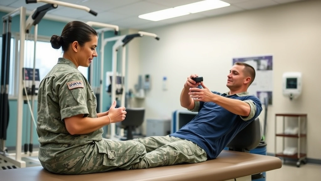 Active-duty service member in physical therapy session with experienced therapist, patient performing rehabilitation exercises, state-of-the-art exercise equipment, bright clinical setting, professional healthcare environment demonstrating military wellness commitment