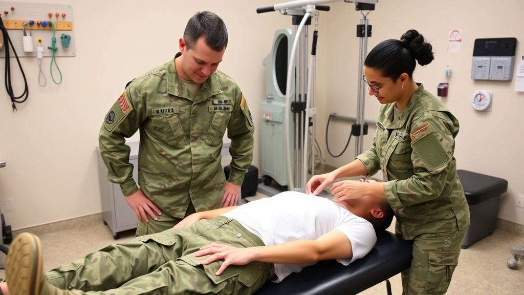 Military service members in PT uniforms receiving physical therapy treatment, therapist guiding patient through exercises, rehabilitation equipment visible, focused and supportive clinical setting