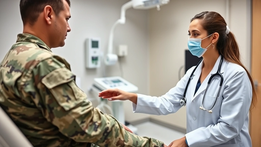 Active-duty soldier in camouflage receiving physical examination from female physician in white coat, modern clinic room with medical equipment, stethoscope visible, professional healthcare interaction, military medical setting