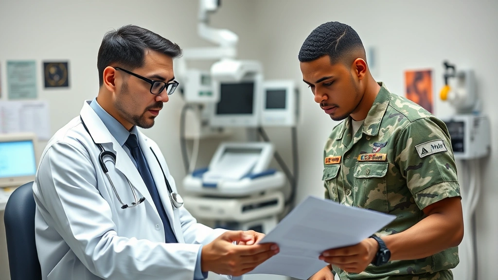Diverse military doctor in white coat reviewing patient medical records with service member in examination room, professional healthcare setting with advanced medical equipment visible