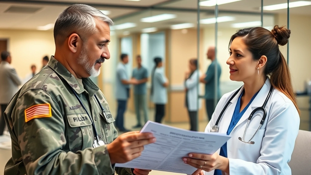 Military veteran in consultation with compassionate female doctor in professional office setting, reviewing medical charts, warm lighting, trust-building healthcare interaction, diverse healthcare team visible through glass walls in background
