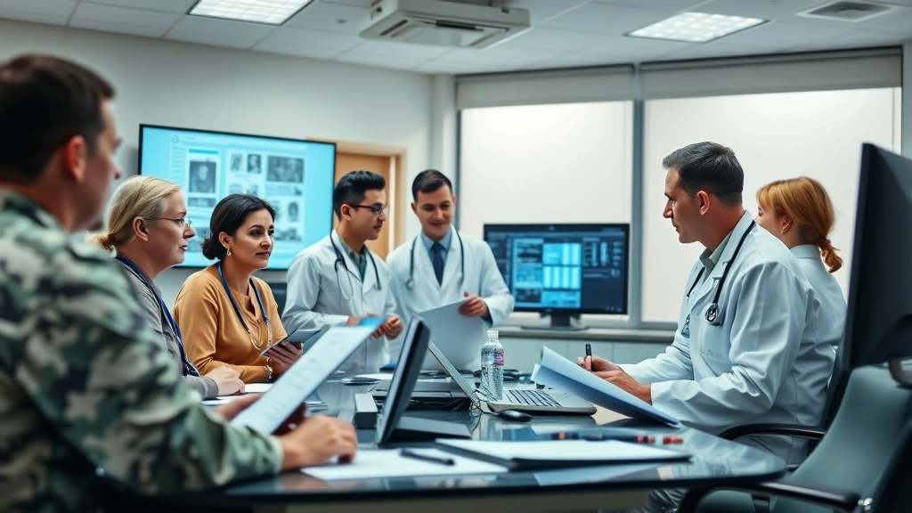 Diverse military healthcare team in conference room reviewing patient charts, doctors and nurses collaborating, electronic medical records on screens, professional military medical facility interior