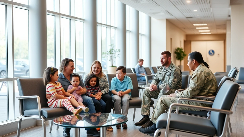 Military family in waiting room of modern healthcare facility, comfortable seating, children with parents, large windows with natural light, welcoming contemporary medical environment, diverse group representing military community
